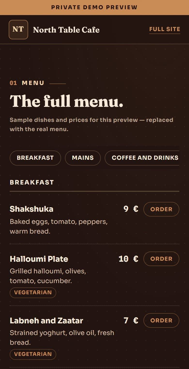 Live preview of the menu page for a sample restaurant or cafe