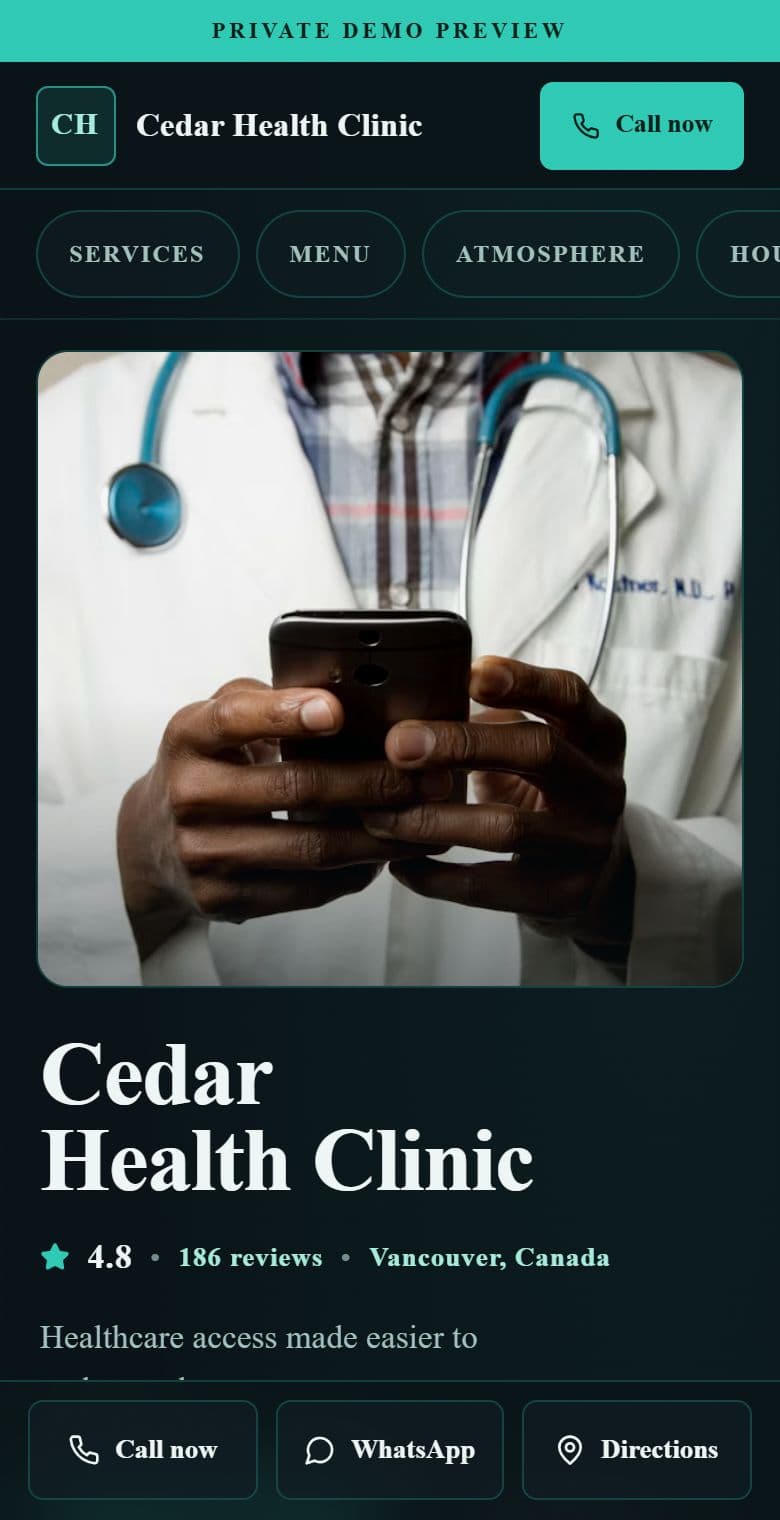 Live mobile preview of a medical clinics website: Care Clarity