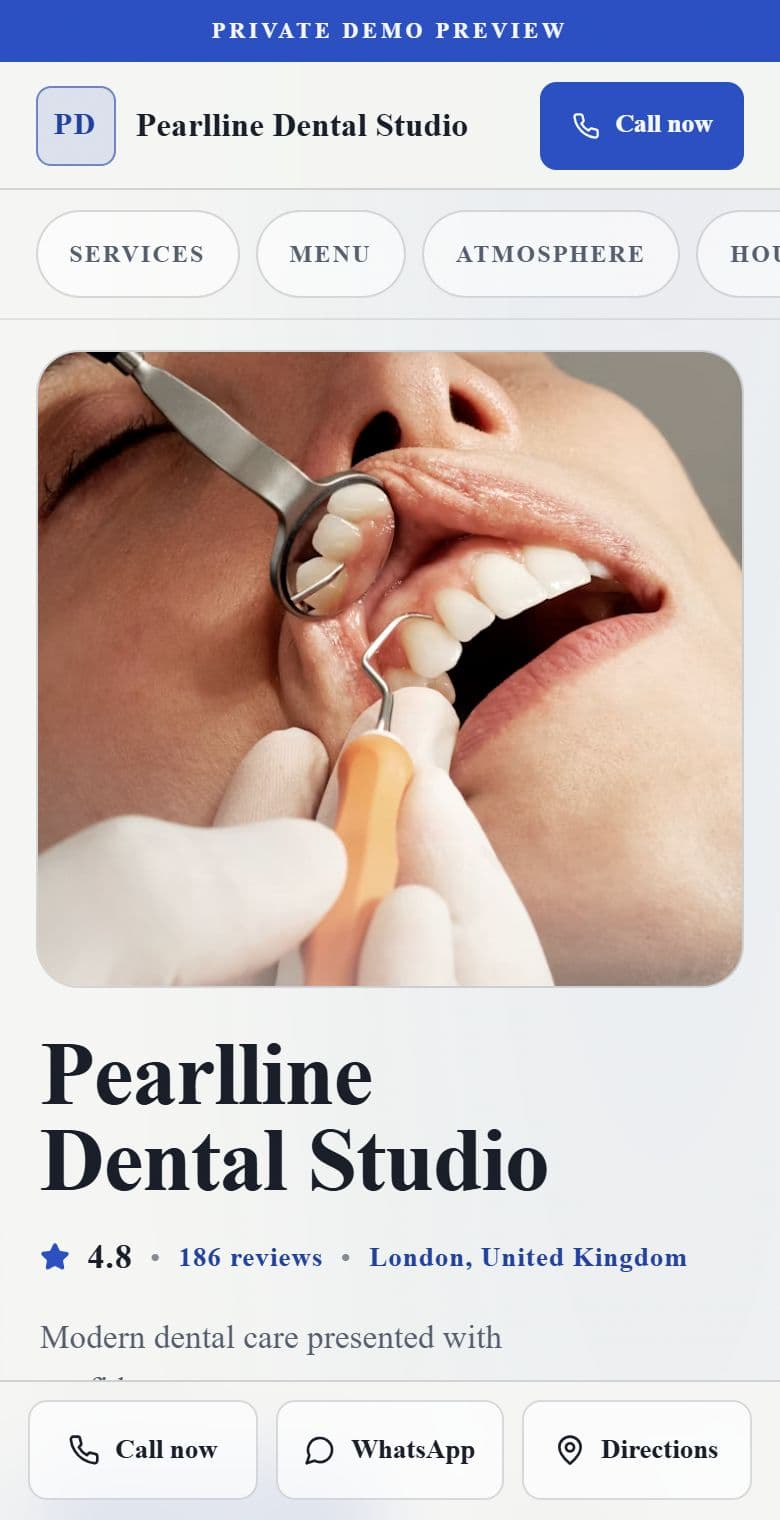 Live mobile preview of a dental clinics website: Smile Standard