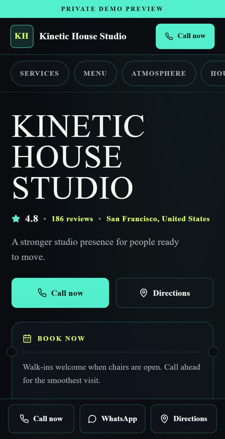 Live mobile preview of a fitness studios website: Performance Arena