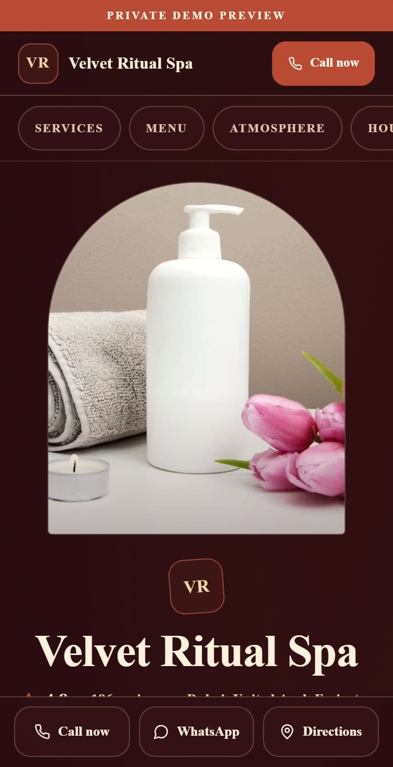 Live mobile preview of a beauty spas website: Ritual Sanctuary