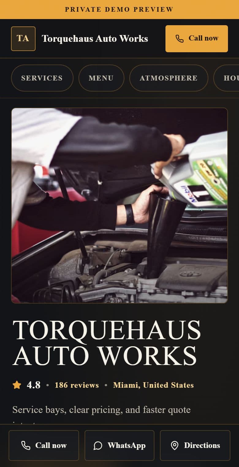 Live mobile preview of a auto garages website: Diagnostic Bay