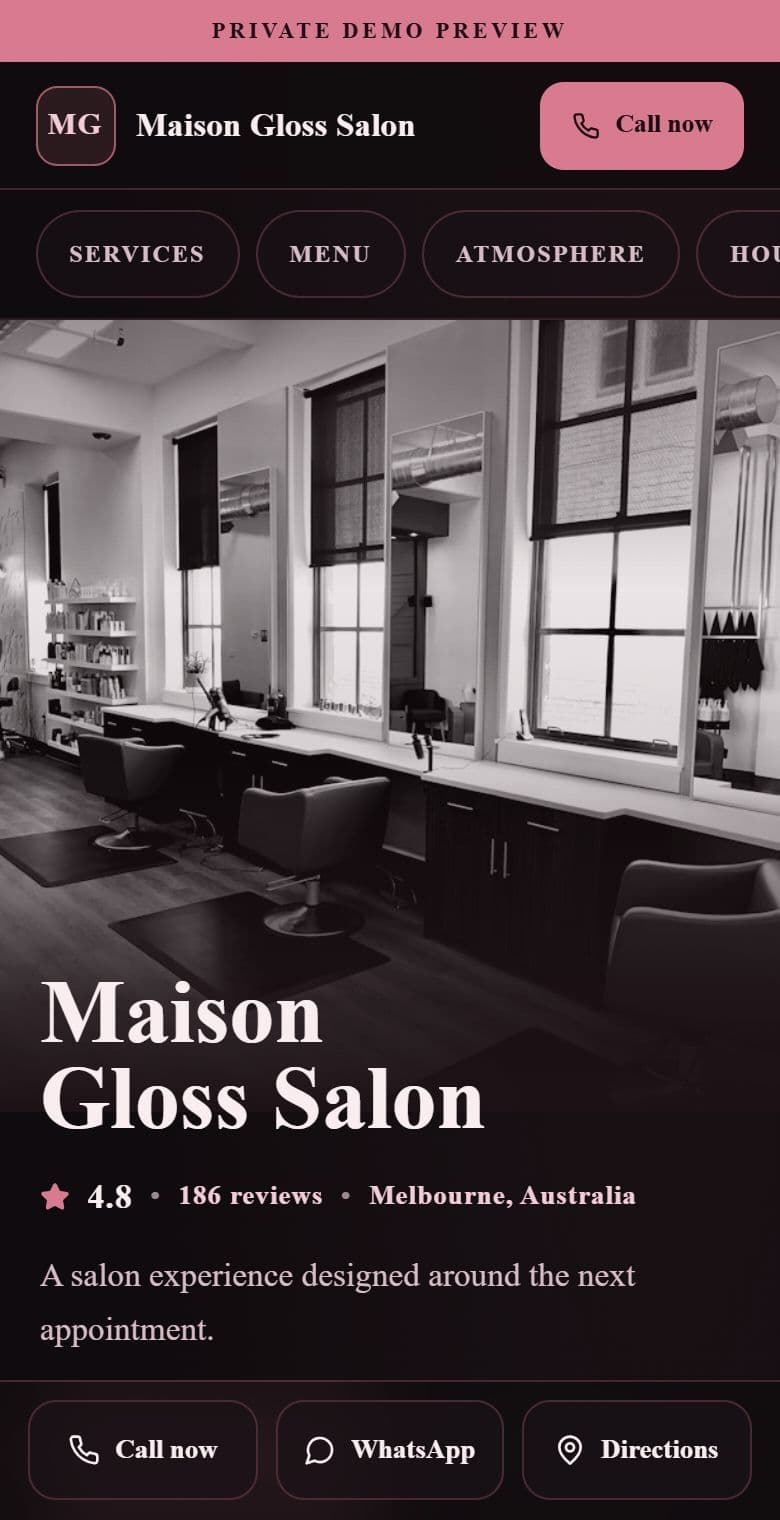 Live mobile preview of a hair salons website: Color House